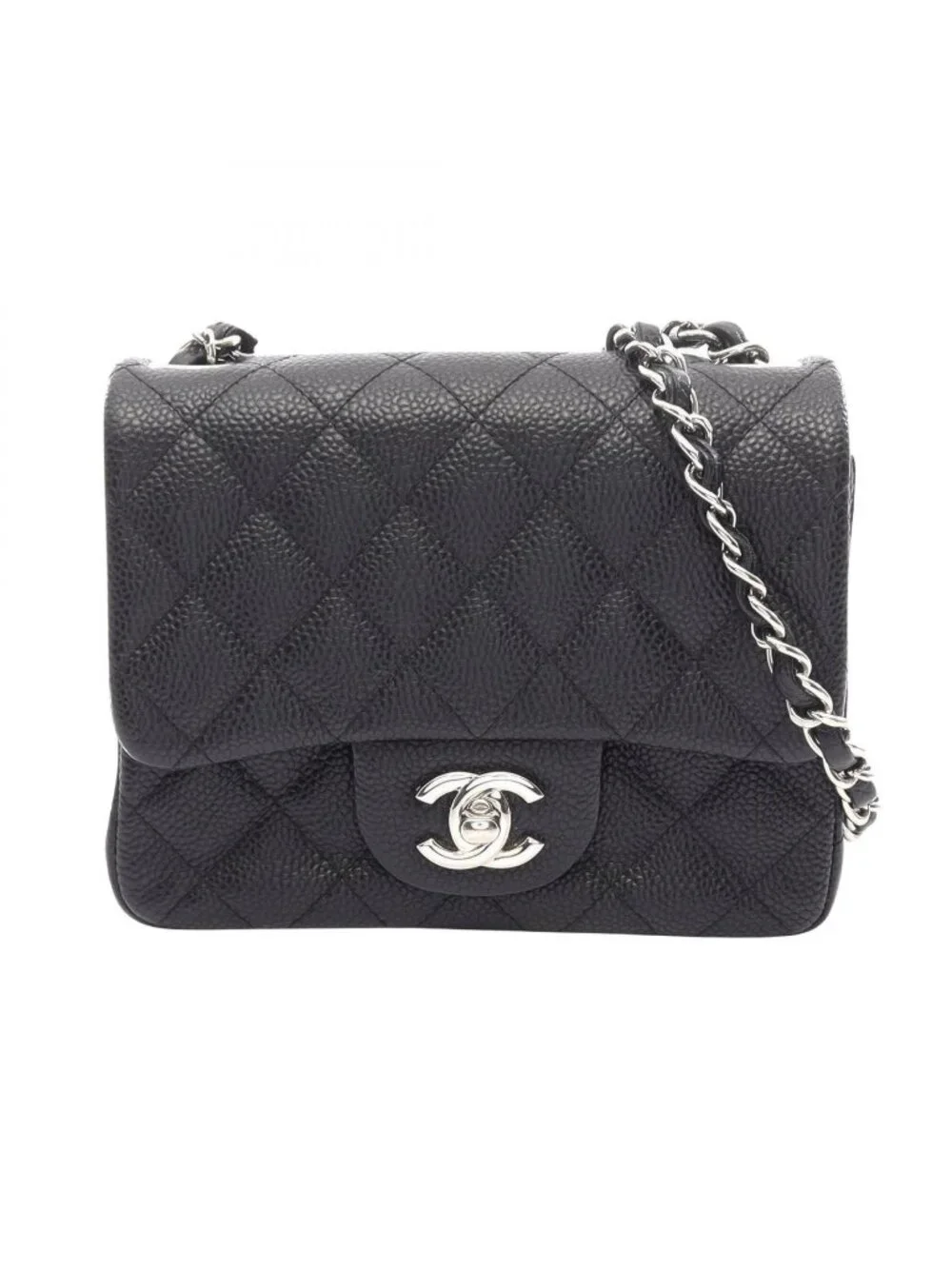 Chanel Shoulder Bag Mini Quilted Black Caviar Leather Chain